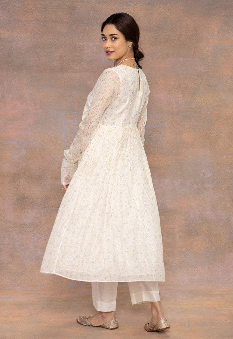 Rois White Sanganeri Chanderi Silk A Line Kurta with Hand Embroidery