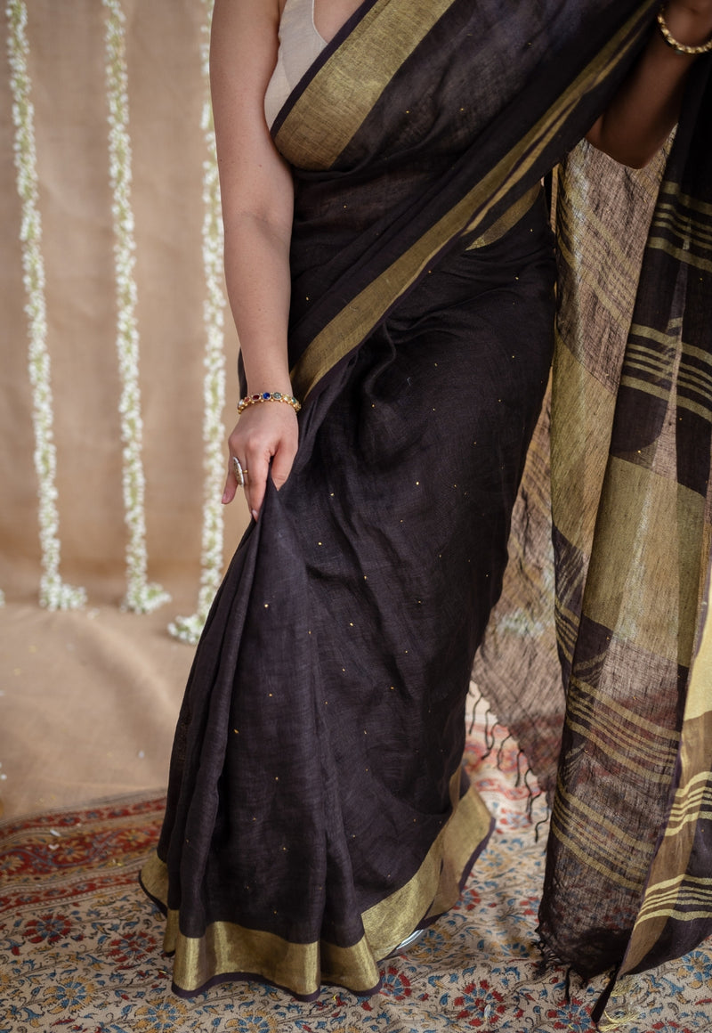 Black Linen Golden Zari Border Saree with Mukaish Detailing