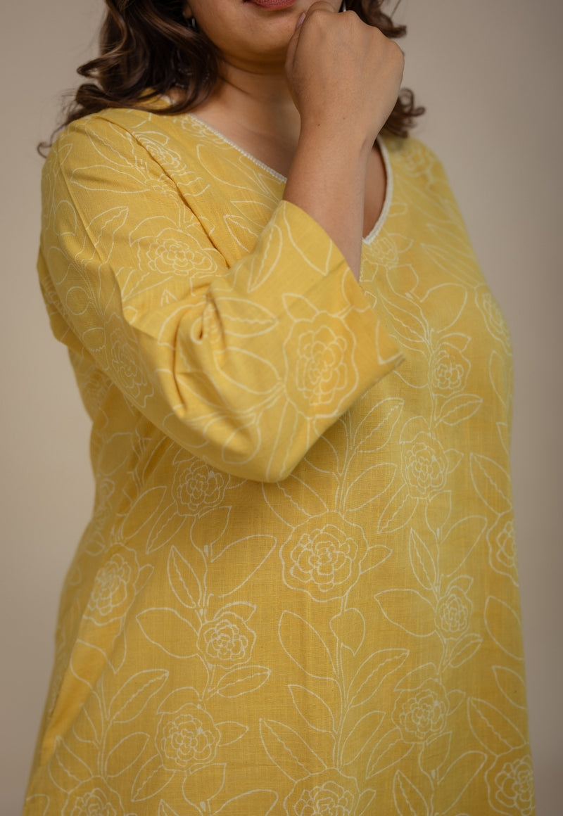 Zoya Yellow Hand Block Print Slub Cotton A Line Kurta with Hand Embroidery