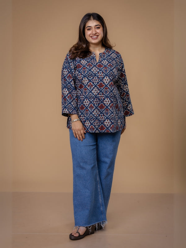 Navya Blue Ajrakh Cotton Straight short Top