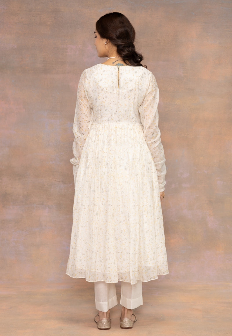 Rois White Sanganeri Chanderi Silk A Line Kurta with Hand Embroidery