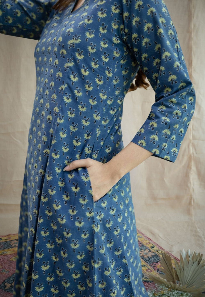 Malika Blue Ajrakh Cotton Kali Kurta