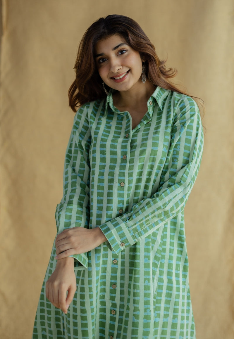 Trusha Green Batik Cotton A Line Dress