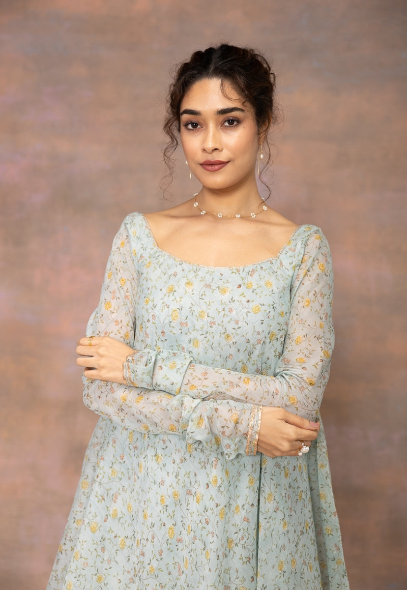 Rosalie Blue Sanganeri Chanderi Silk A Line Kurta with Lace Detailing