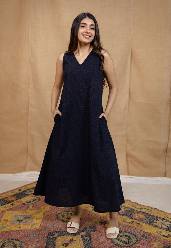 Mariam Indigo Ajrakh Cotton A Line Dress