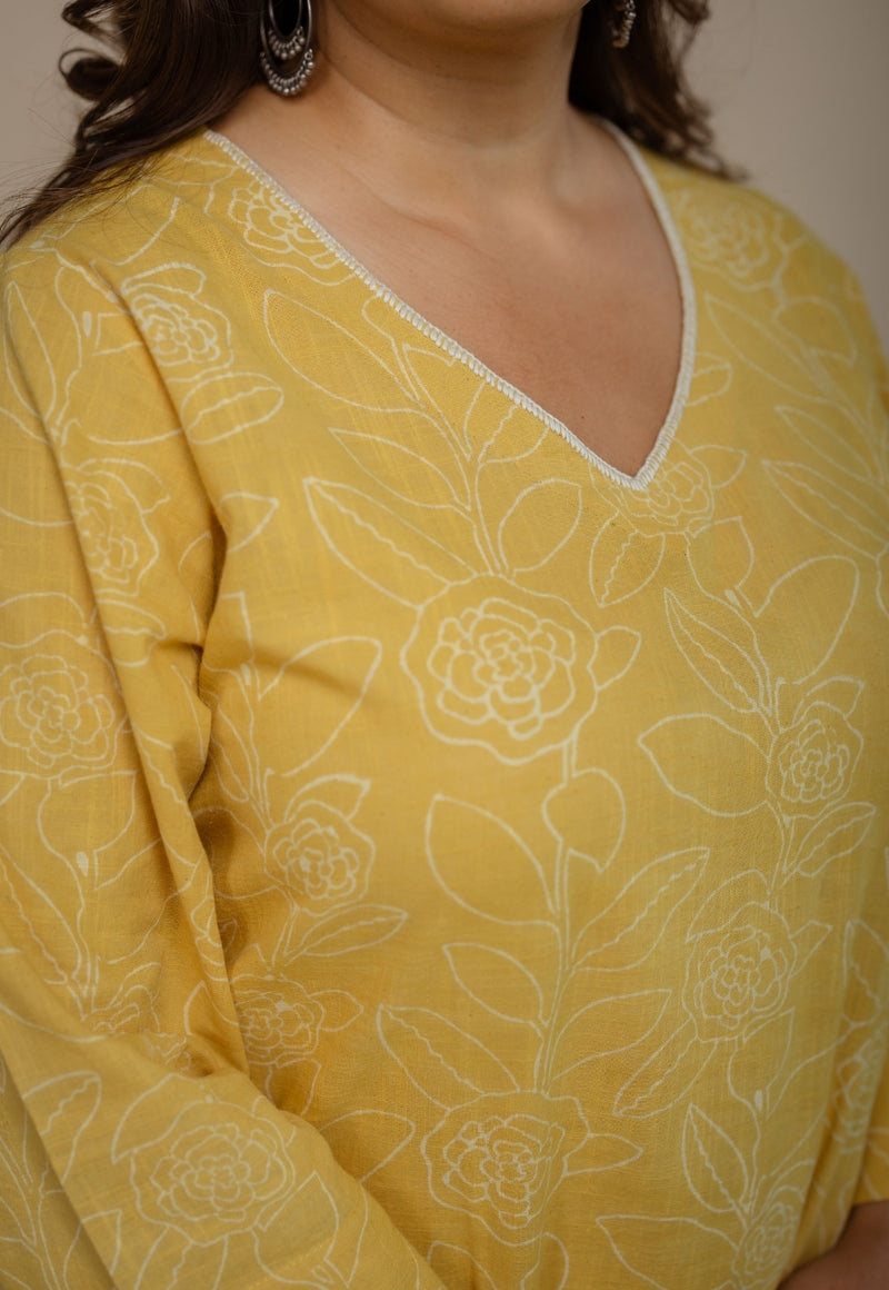 Zoya Yellow Hand Block Print Slub Cotton A Line Kurta with Hand Embroidery