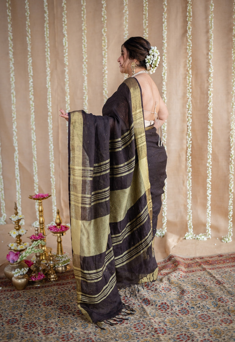 Black Linen Golden Zari Border Saree with Mukaish Detailing