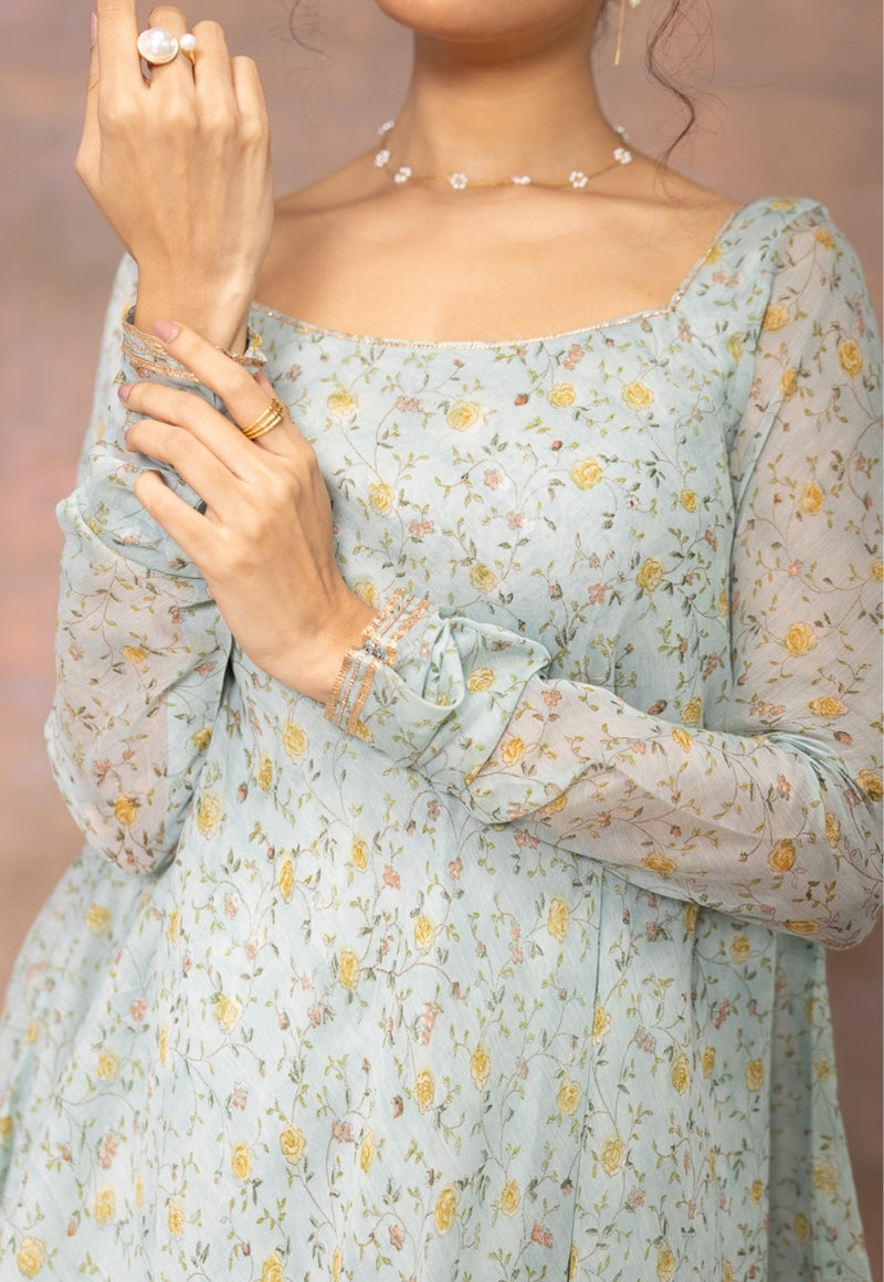 Rosalie Blue Sanganeri Chanderi Silk A Line Kurta with Lace Detailing