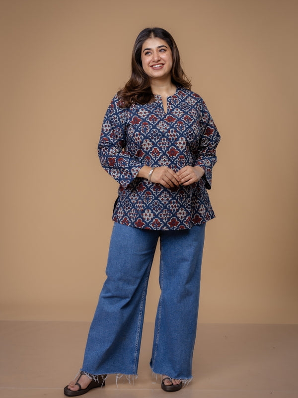 Navya Blue Ajrakh Cotton Straight short Top