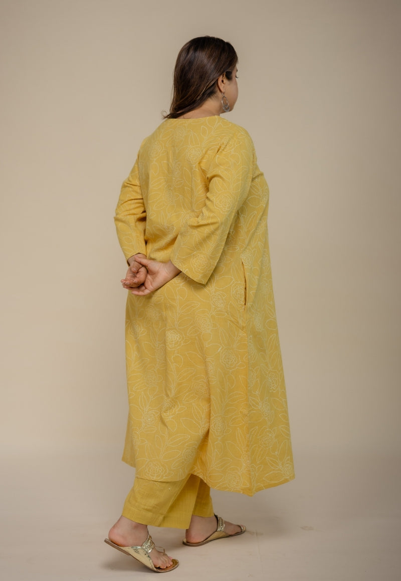 Zoya Yellow Hand Block Print Slub Cotton A Line Kurta with Hand Embroidery
