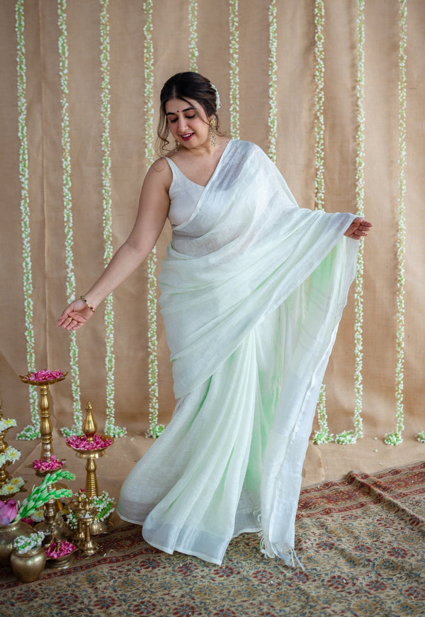 Green Linen Silver Zari Border Saree with Mukaish Detailing