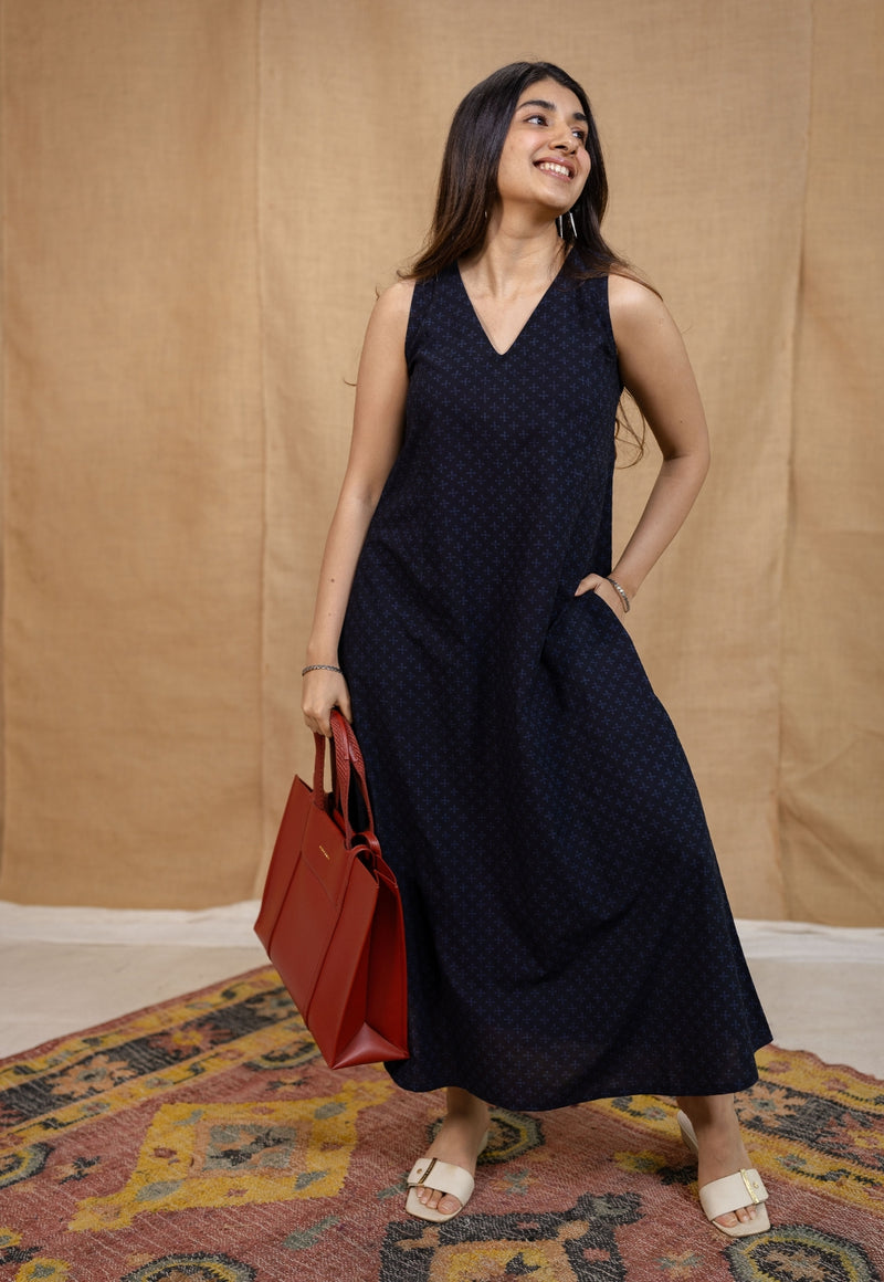 Mariam Indigo Ajrakh Cotton A Line Dress