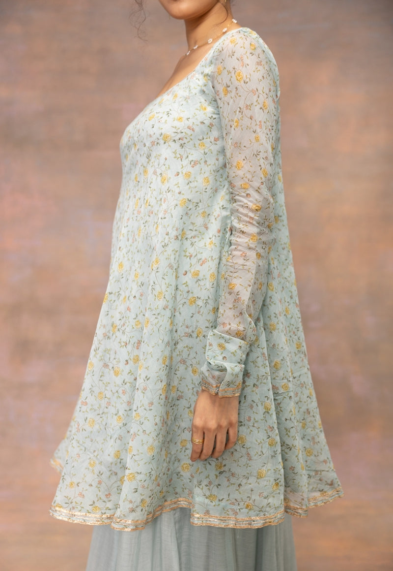 Rosalie Blue Sanganeri Chanderi Silk A Line Kurta with Lace Detailing