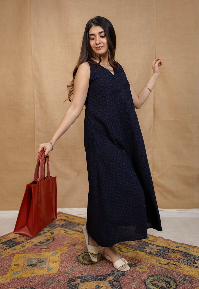 Mariam Indigo Ajrakh Cotton A Line Dress