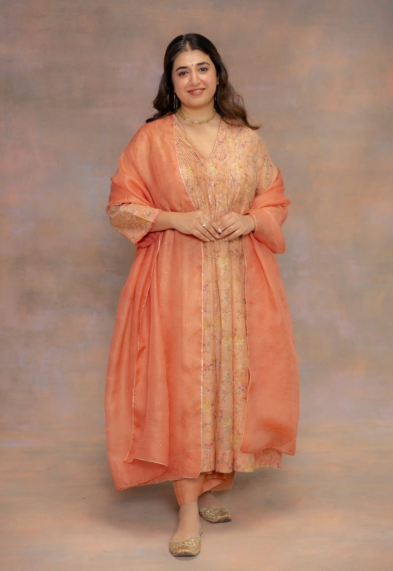 Rosa Orange Sanganeri Chanderi Silk A Line Kurta