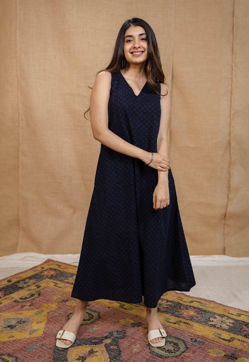 Mariam Indigo Ajrakh Cotton A Line Dress