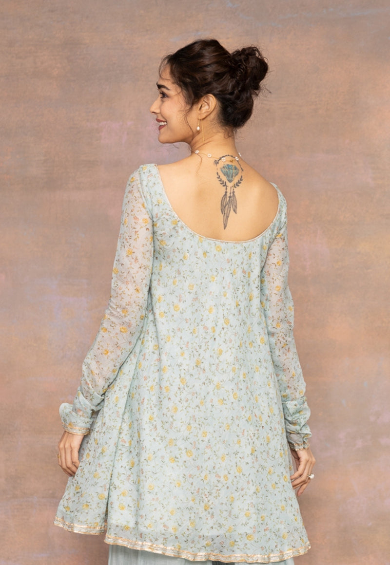 Rosalie Blue Sanganeri Chanderi Silk A Line Kurta with Lace Detailing