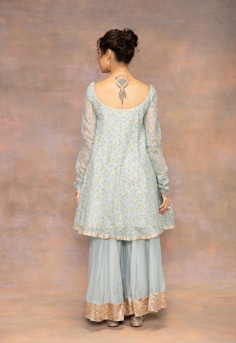 Rosalie Blue Sanganeri Chanderi Silk A Line Kurta with Lace Detailing