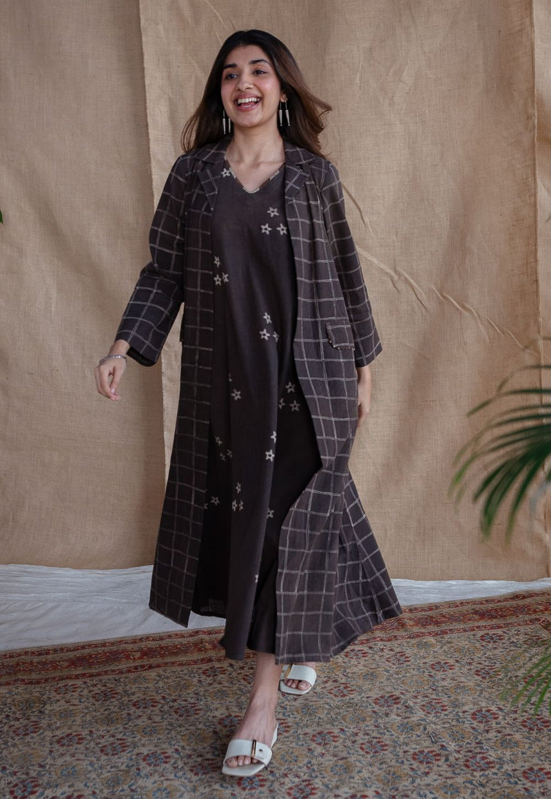 Rasia Charcoal Dabu Slub Cotton A Line Jacket with Embroidery