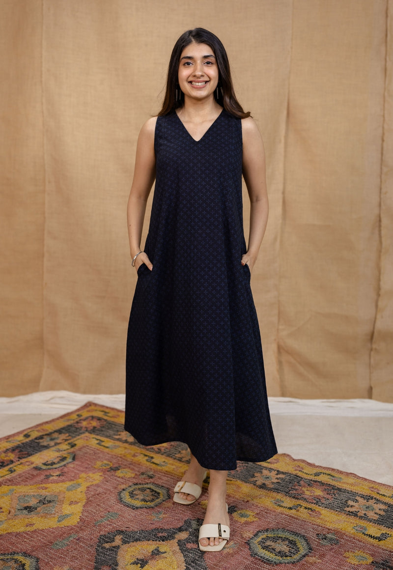 Mariam Indigo Ajrakh Cotton A Line Dress