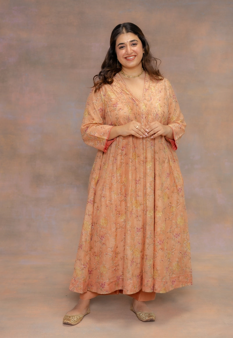 Rosa Orange Sanganeri Chanderi Silk A Line Kurta