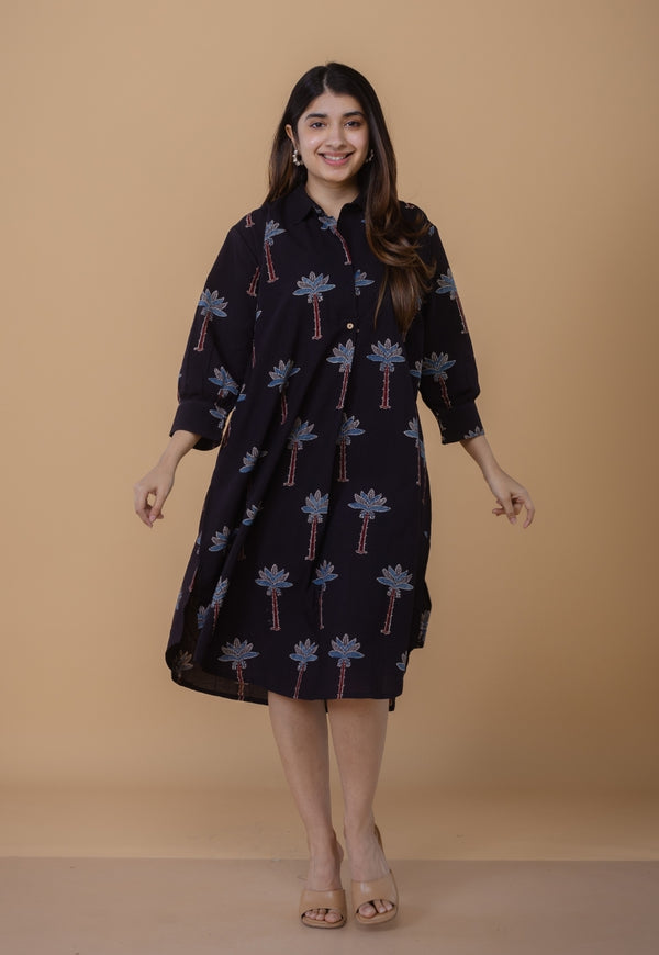 Ridah Black Ajrakh Cotton A Line Dress