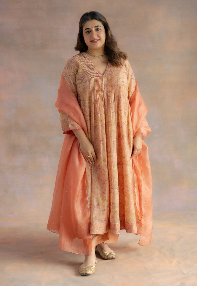 Rosa Orange Sanganeri Chanderi Silk A Line Kurta