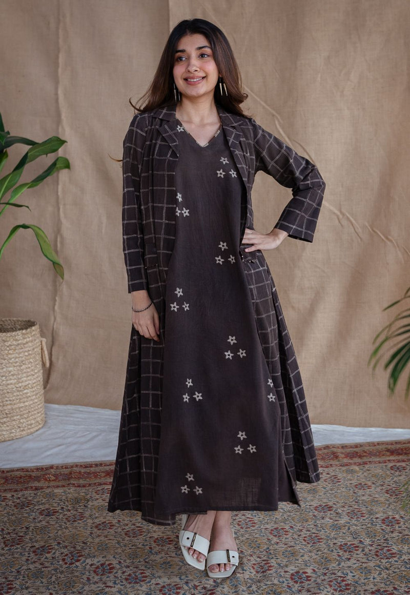 Rasia Charcoal Dabu Slub Cotton A Line Jacket with Embroidery