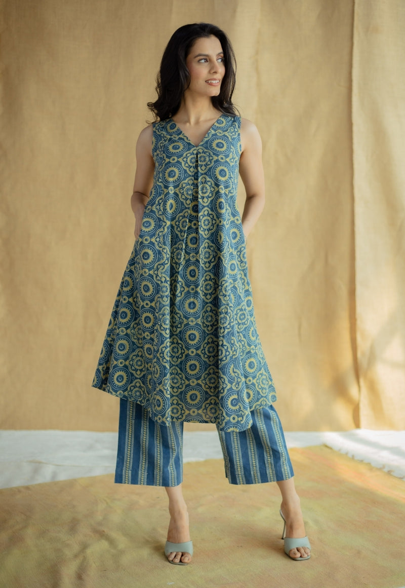 Raahi Indigo Ajrakh Cotton A Line Kurta