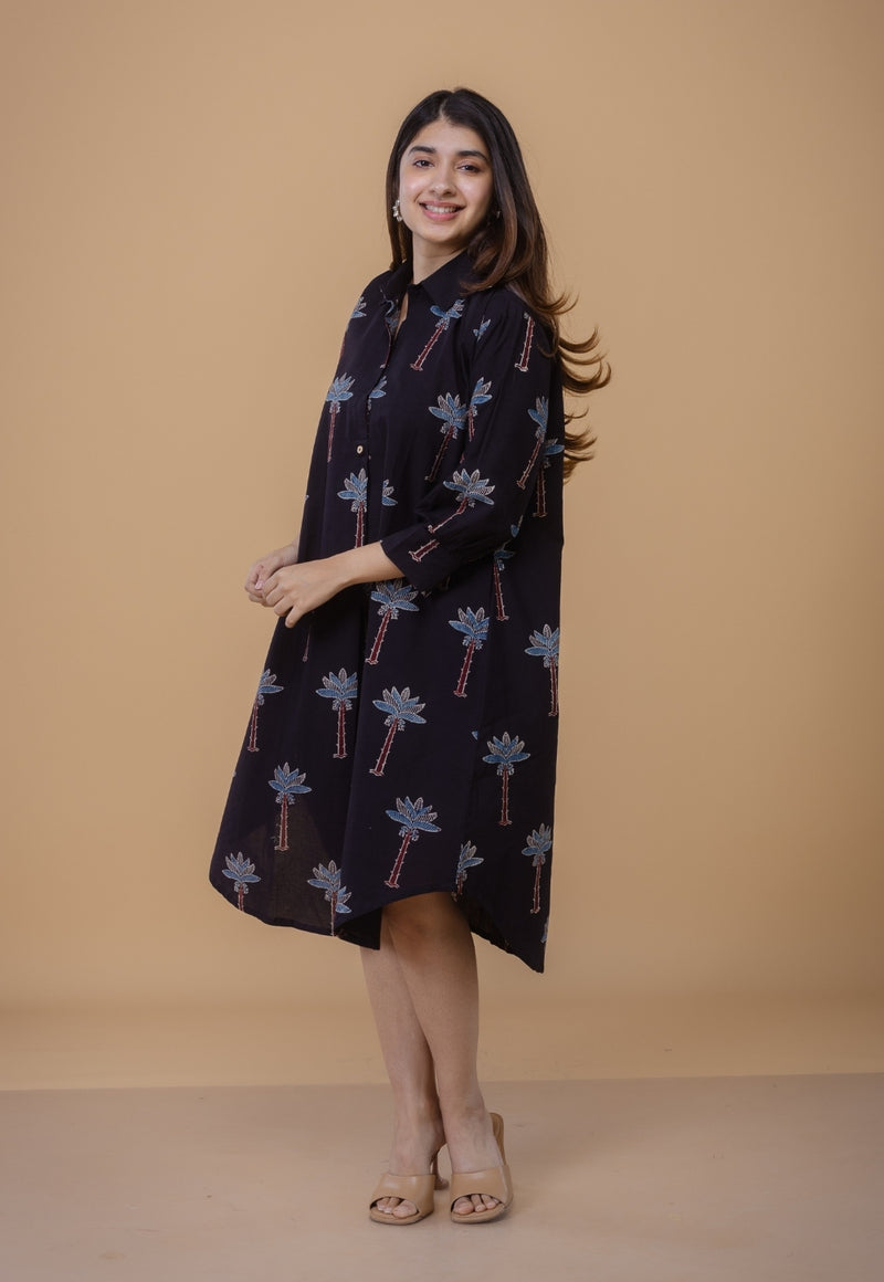 Ridah Black Ajrakh Cotton A Line Dress