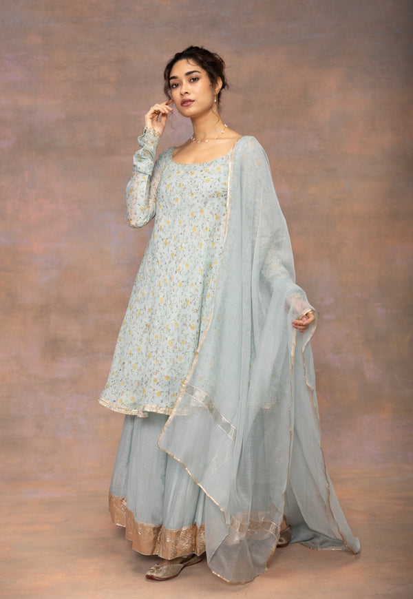 Rosalie Blue Sanganeri Chanderi Silk A Line Kurta with Lace Detailing