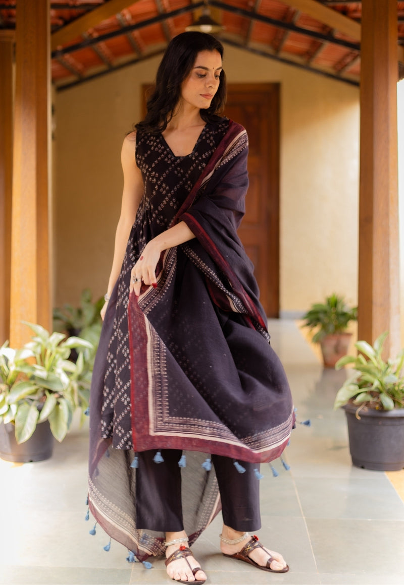 Black Ajrakh Chanderi Silk Dupatta with Embroidery