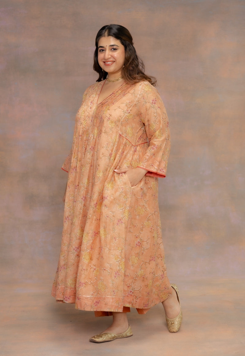 Rosa Orange Sanganeri Chanderi Silk A Line Kurta