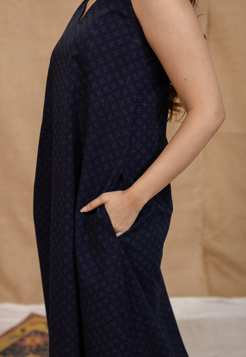 Mariam Indigo Ajrakh Cotton A Line Dress