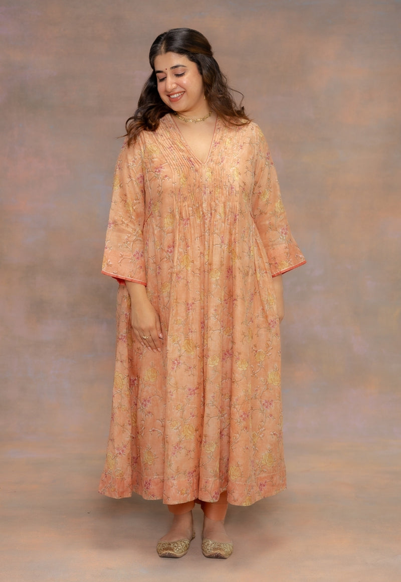 Rosa Orange Sanganeri Chanderi Silk A Line Kurta