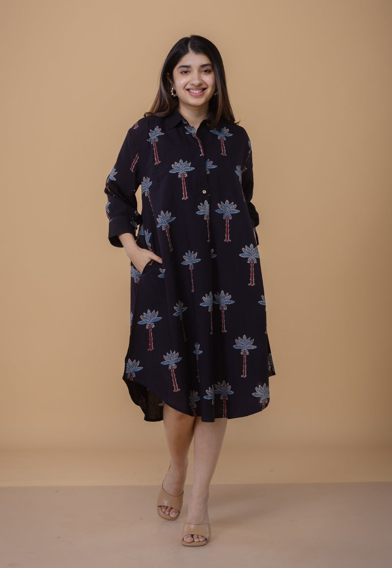 Ridah Black Ajrakh Cotton A Line Dress