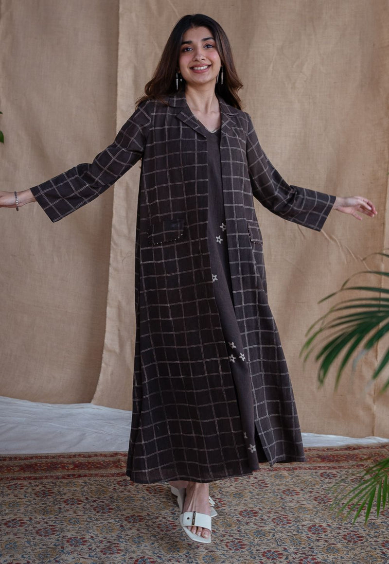 Rasia Charcoal Dabu Slub Cotton A Line Jacket with Embroidery