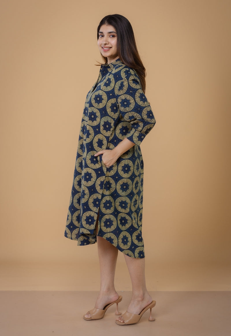 Ridah Blue Ajrakh Cotton A Line Dress