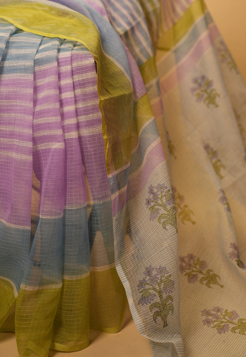 Blue Floral Sanganeri Hand Block Print Kota Doria Saree