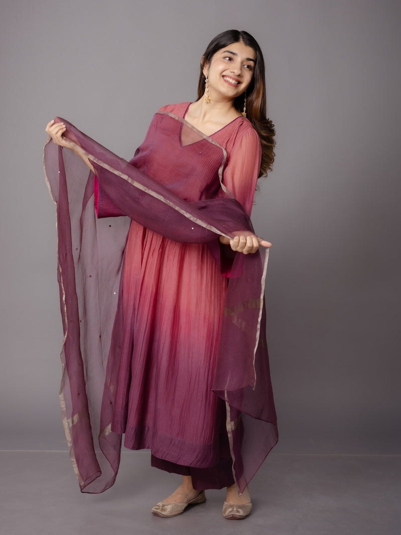 Wine Solid Zari Silk Net Dupatta with Hand Embroidery