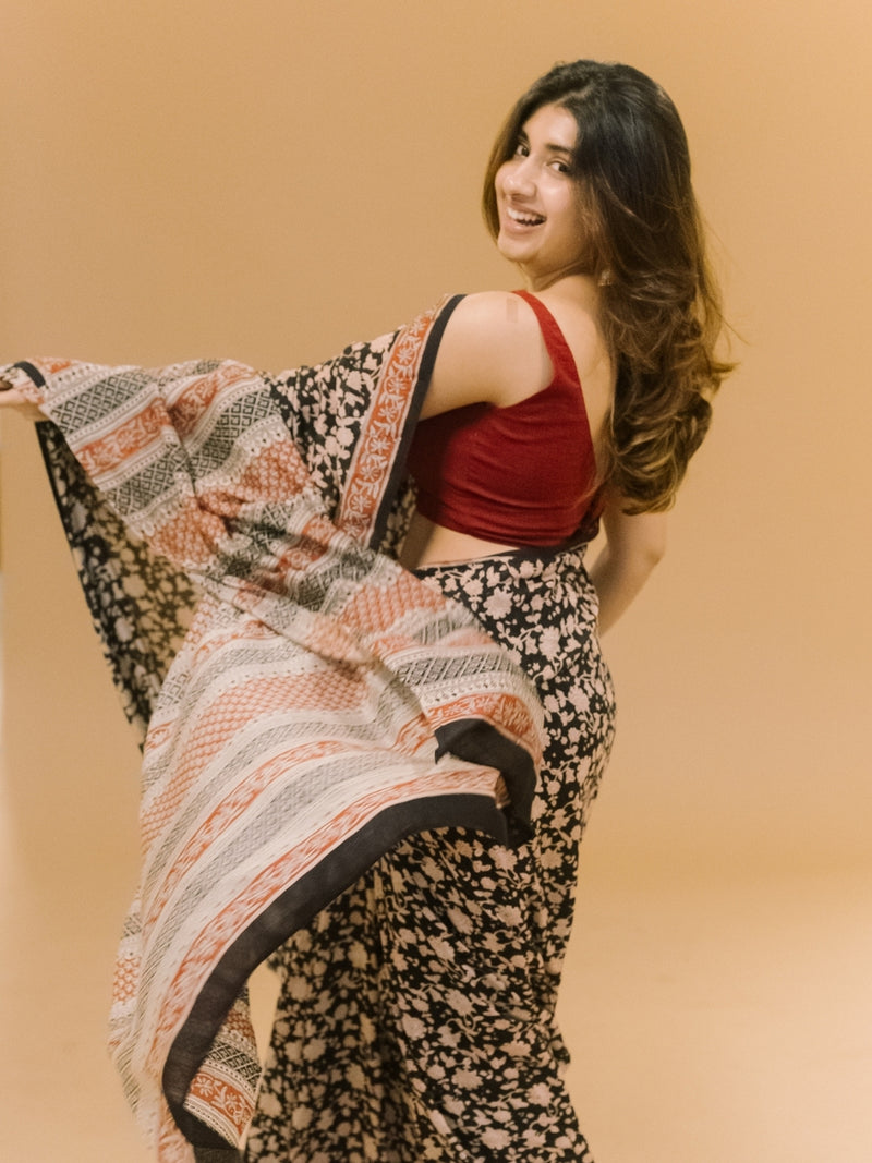 Black Jaal Bagru Hand Block Print Modal Saree