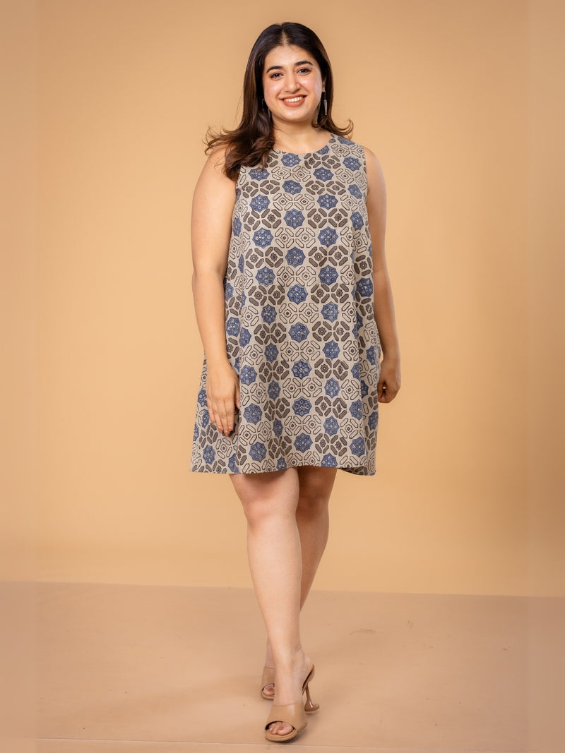 Inam Grey Ajrakh Cotton A Line Dress