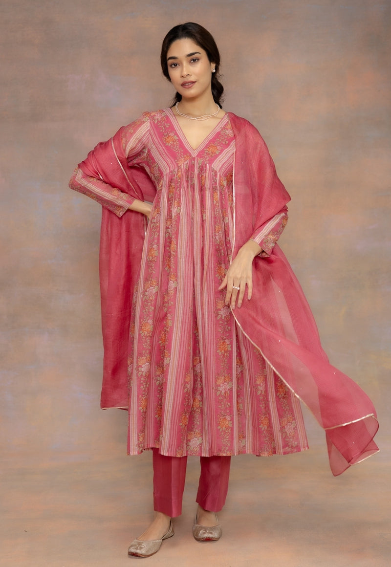 Rooz Pink Sanganeri Chanderi Silk A Line Kurta with Lace Detailing
