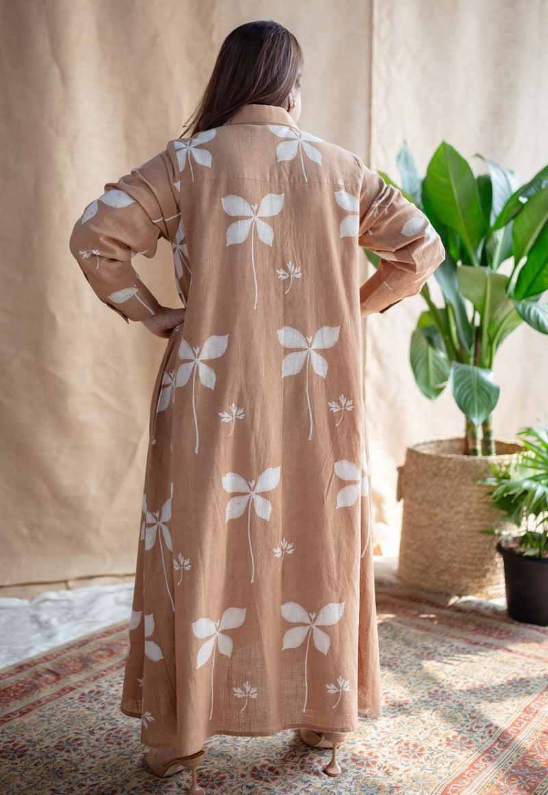 Trusha Light Brown A Line Dabu Slub Cotton Dress