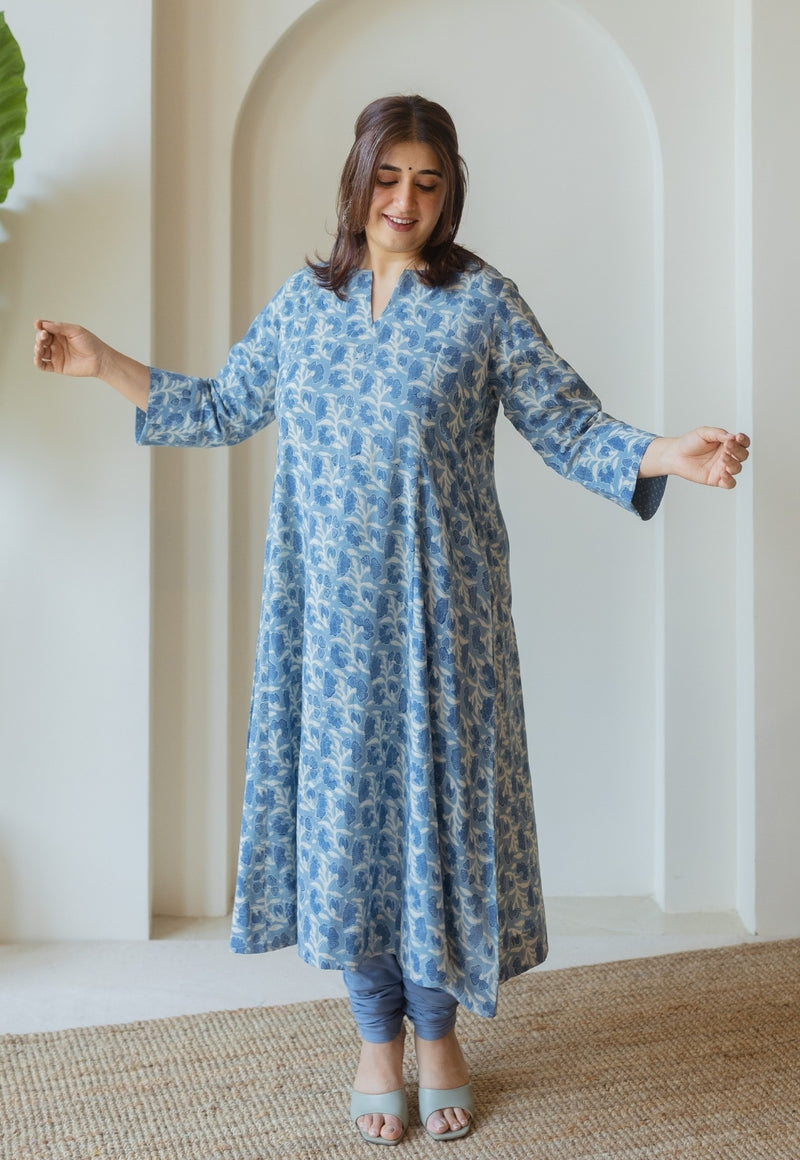 Malika Blue Ajrakh Cotton Kali Kurta