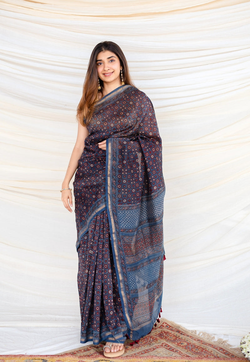 Blue Ajrakh Hand Block Printed Chanderi Silk saree