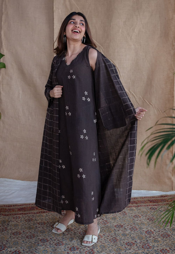 Rasia Charcoal Dabu Slub Cotton A Line Jacket with Embroidery