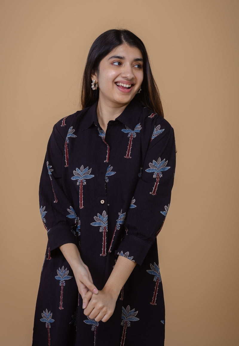 Ridah Black Ajrakh Cotton A Line Dress