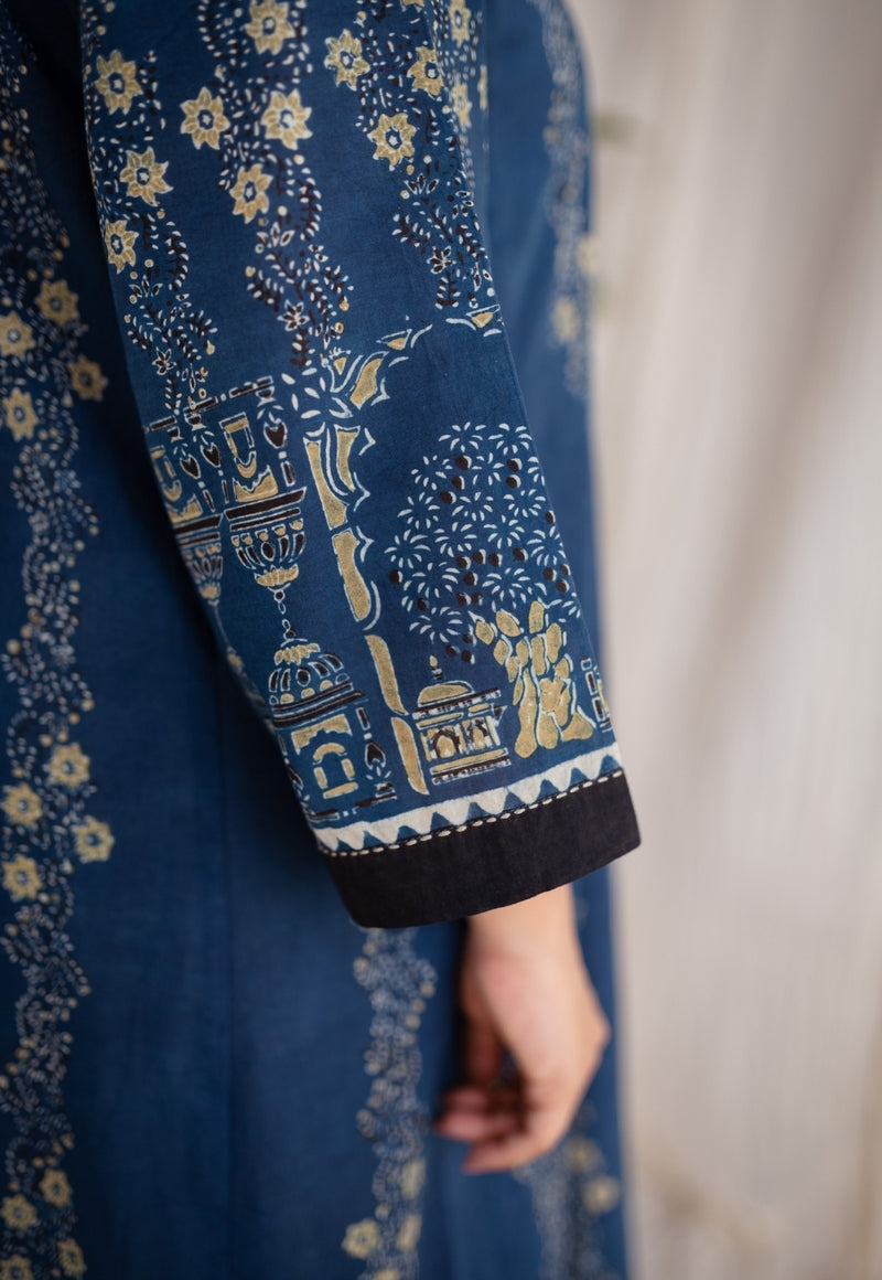 Hifza Ajrakh Cotton Hand Embroidered Kali Kurta