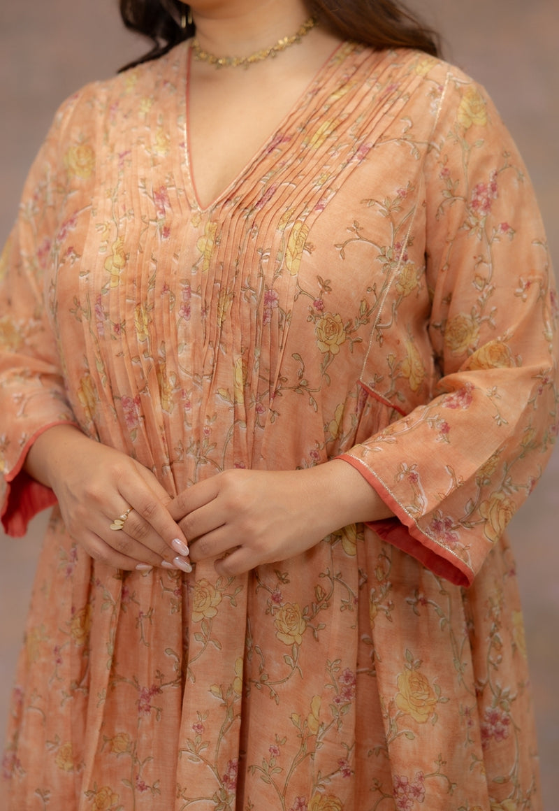 Rosa Orange Sanganeri Chanderi Silk A Line Kurta